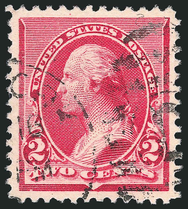 2c Carmine, Cap on Both 2s (220c).> Gorgeous centering and color with unusually wide margins, neat strike of duplex cancel, Extremely Fine Gem, with 2008 P.S.E. certificate (XF-Superb 95 SMQ $455.00), only two
have graded higher to date