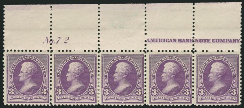 3c Purple (221).> Top imprint and plate no. 72 strip of five, original gum, three stamps Mint N.H., two stamps and selvage h.r., rich color, Very Fine, Scott Retail as singles