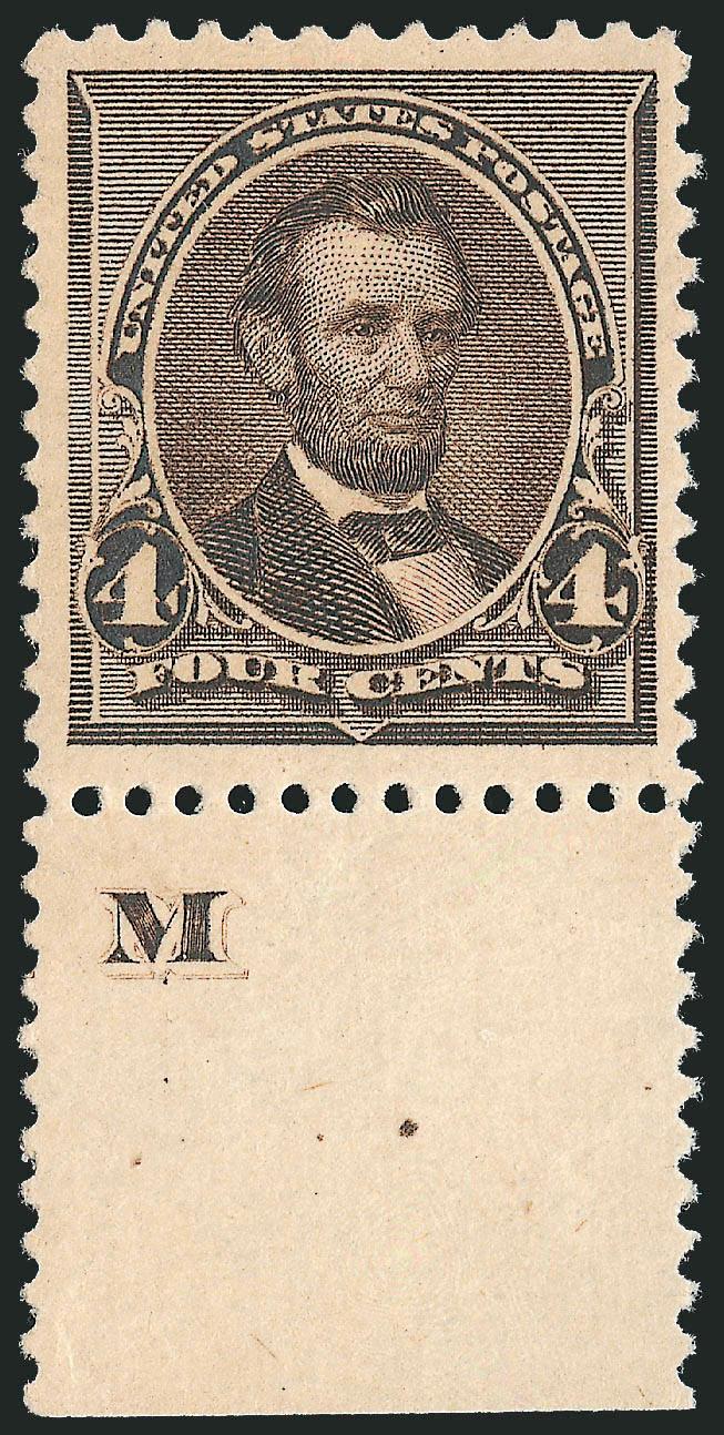 4c Dark Brown (222).> Mint N.H. with <bottom M imprint selvage,> wide margins, almost perfectly centered, deep shade, Extremely Fine, with 2008 P.S.E. certificate