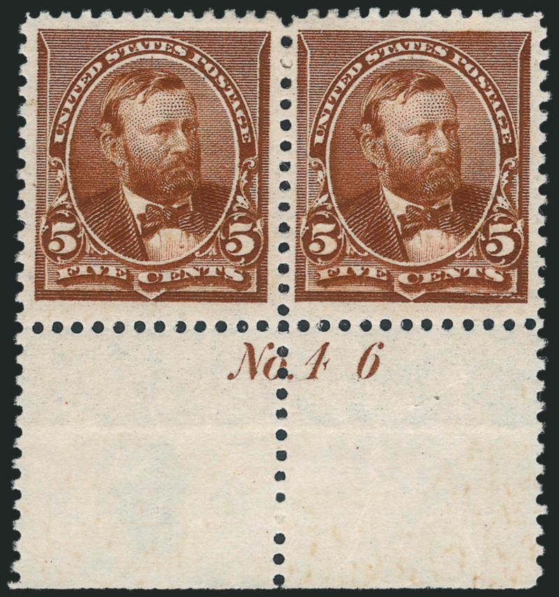 5c Chocolate (223).> Two horizontal pairs, one with bottom imprint selvage, other bottom plate no. 46 (the two were probably a strip of four at one time), original gum, faintly hinged, well-centered, Very
Fine-Extremely Fine