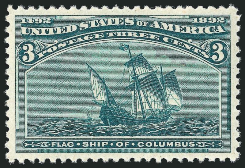 3c Columbian (232).> Mint N.H., remarkably detailed impression, gorgeous centering, long and full perfs all around, Extremely Fine Gem, a superb stamp in every respect, with 2010 P.S.E. certificate (Superb 98
SMQ $2,300.00), only four have graded hi