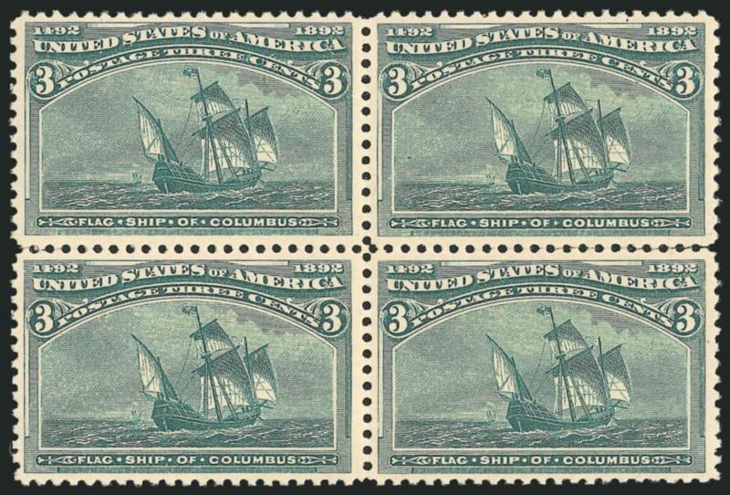 3c Columbian (232).> Mint N.H. block of four, bright and fresh, couple perf separations at right, Very Fine-Extremely Fine, with 1991 P.F. certificate, Scott Retail as singles