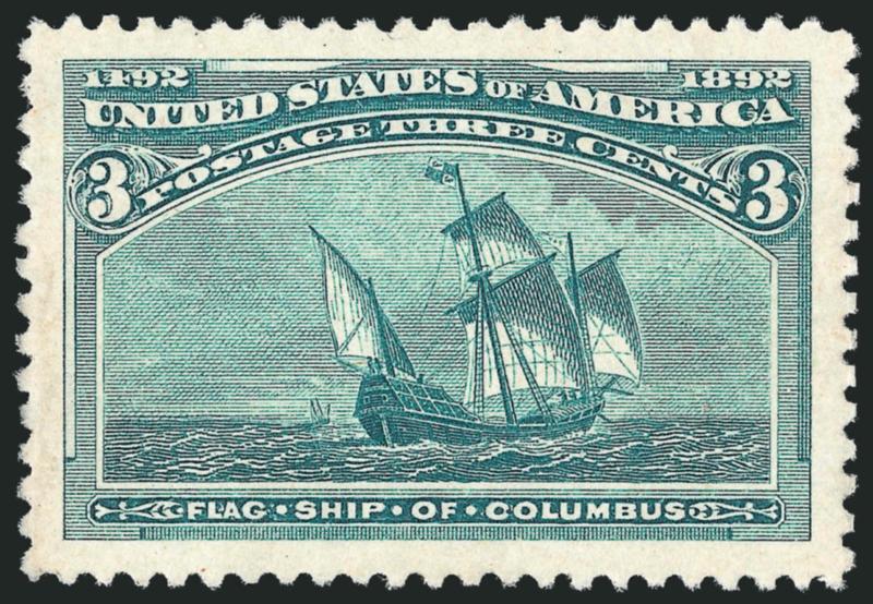 3c Columbian (232).> Original gum, very lightly hinged, mathematically perfect centering with Jumbo margins, brilliant color, Extremely Fine Gem, this stunning stamp has been graded Gem 100 Jumbo by P.S.E.,
which is the highest grade awarded to date,