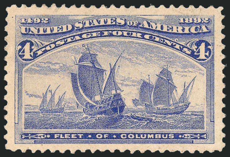 4c Columbian (233).> Original gum, lightly hinged, huge Jumbo margins and essentially perfectly centered, light pastel shade, Extremely Fine, with 2008 P.S.E. certificate (OGph, XF-Superb 95 Jumbo SMQ $230.00
as 95, $440.00 as 98)