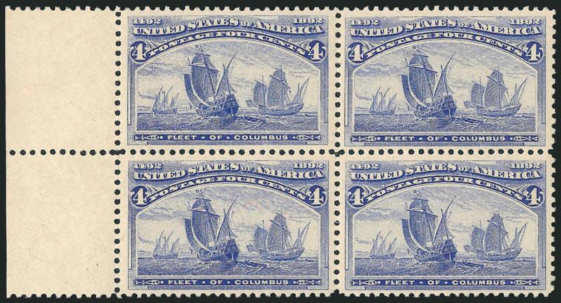 4c Columbian (233).> Block of four with left selvage, original gum, top right stamp hinged, rest Mint N.H., Very Fine