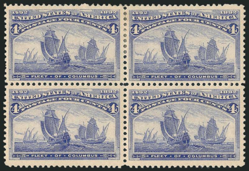 4c Columbian (233).> Block of four, original gum, top pair h.r., bottom pair Mint N.H., top left stamp barely nibbed perf, others Very Fine