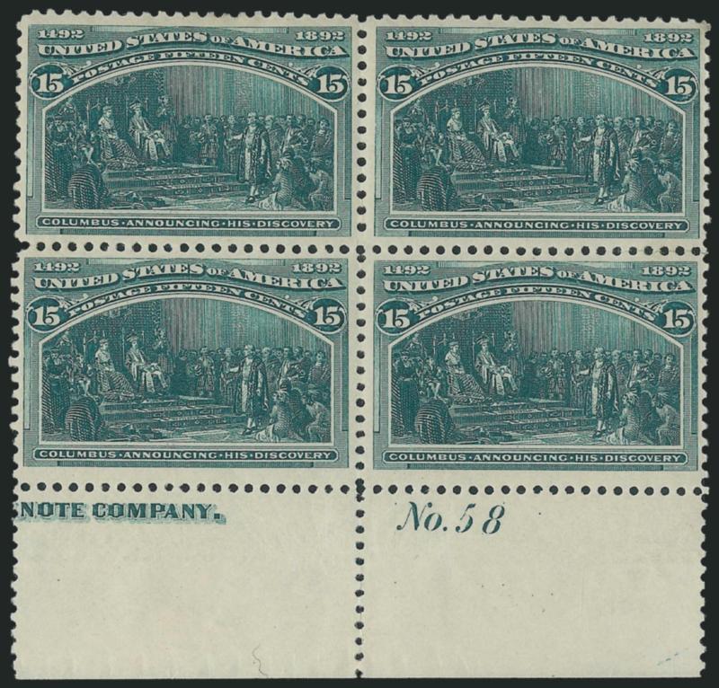 15c Columbian (238).> Block of four with <part imprint and plate no. 58,> bottom stamps Mint N.H., top pair lightly hinged, rich color, top right stamp tiny gum soak at top right, still Very Fine, Scott Retail
as singles with no premium for the selva