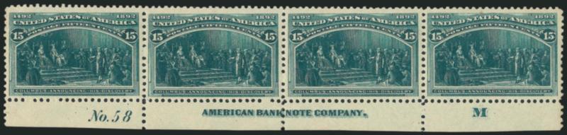 15c Columbian (238).> Bottom imprint, letter M and plate no. 58 strip of four, original gum, pos. 1 and 3 Mint N.H., pos. 1 corner crease top left, otherwise a Very Fine strip, Scott Retail as two hinged and
two Mint N.H. singles with no premium fo