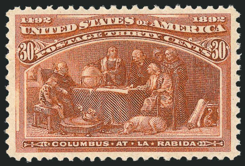 30c Columbian (239).> Mint N.H., almost perfectly balanced margins, fresh and bright<><>^EXTREMELY FINE GEM. A GORGEOUS MINT NEVER-HINED 30-CENT COLUMBIAN.^<><>With 2010 P.S.E. certificate (XF-Superb 95 SMQ
$3,850.00)