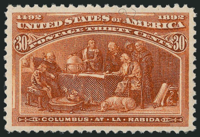 30c Columbian (239).> Original gum, lightly hinged, beautiful balanced margins and rich color on bright paper, Extremely Fine Gem, with 2010 P.S.E. certificate (OGph, XF-Superb 95 SMQ $630.00)
