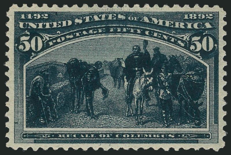 50c Columbian (240).> Original gum, barest trace of hinging, indescribably intense color, the blackest Slate Blue we have ever seen, beautifully centered, Extremely Fine, with 2010 P.S.E. certificate (OGph, XF
90 SMQ $850.00)