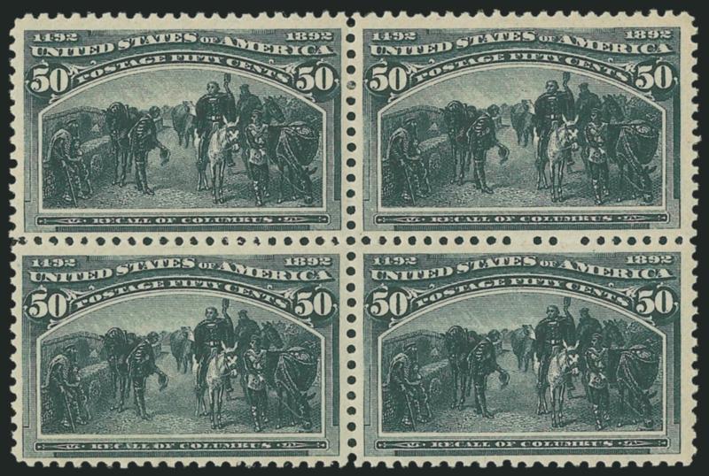 50c Columbian (240).> Block of four, original gum, lightly hinged, dark color on bright white paper, Very Fine and choice, a fresh and desirable block
