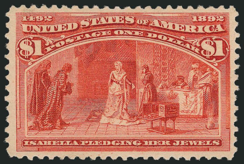 $1.00 Columbian (241).> Original gum, lightly hinged, exceptionally wide and well-balanced margins, rich color, Very Fine and choice, with 2006 P.S.E. certificate (OGph, VF 80 SMQ $1,100.00)