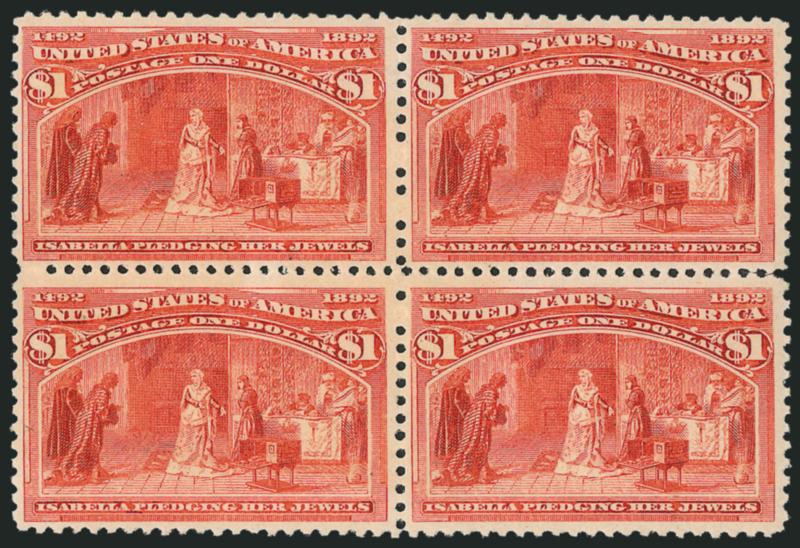 $1.00 Columbian (241).> Mint N.H. block of four, vivid color as fresh as the day it was printed, perf separations between right pair<><>^FINE-VERY FINE. AN EXTREMELY RARE MINT NEVER-HINGED BLOCK OF THE $1.00
COLUMBIAN ISSUE.^<><>A review using Po