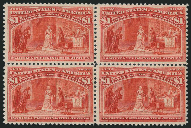 $1.00 Columbian (241).> Block of four, top stamps <Mint N.H.,> bottom stamps barest trace of what may be hinging, radiant color on bright paper<><>^FINE-VERY FINE. AN ATTRACTIVE BLOCK OF FOUR OF THE $1.00
COLUMBIAN ISSUE WITH TWO MINT NEVER-HINGED