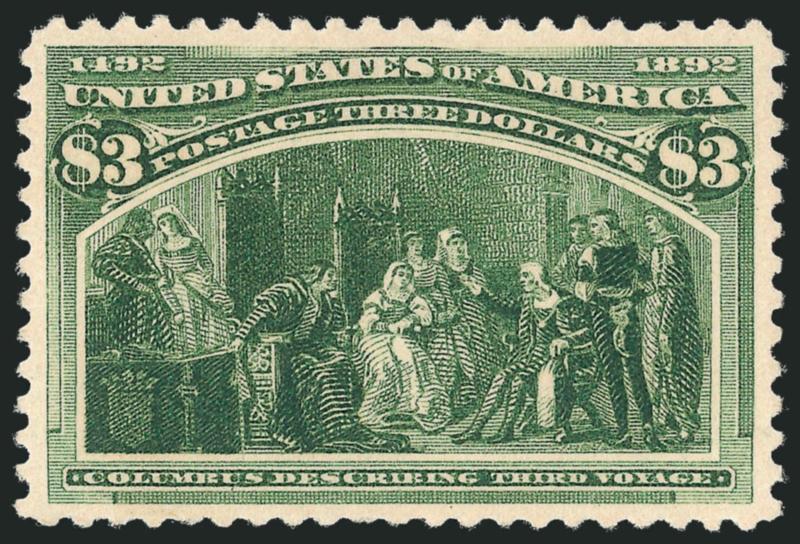 $3.00 Olive Green, Columbian (243a).> Original gum, exceptionally well-centered, marvelous deep rich color and sharp impression, single slightly shorter perf at bottom of minor importance, Extremely Fine, with
1978 P.F. and 2007 P.S.E. certificates (