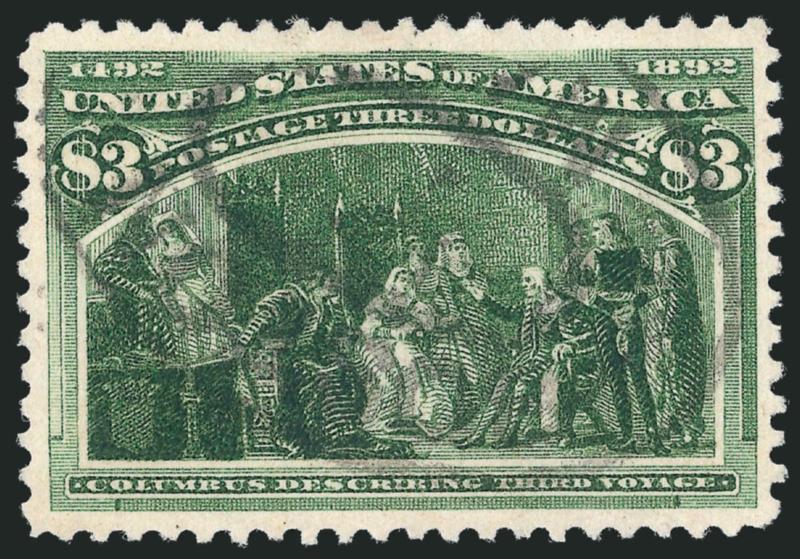 $3.00 Olive Green, Columbian (243a).> Precise centering, intense color, double oval cancel, Extremely Fine, with 2010 P.S.E. certificate (XF 90 SMQ $1,800.00)
