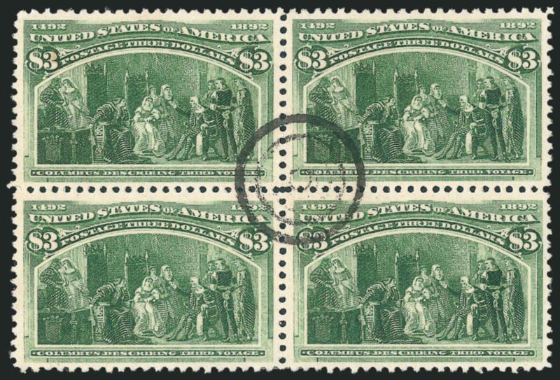 $3.00 Columbian (243).> Block of four, beautiful margins and centering, handsome color and clear impression, centrally struck target cancel, three tiny hinge sliver reinforcements, pos. 1 minor toned spot top
at left<><>^EXTREMELY FINE. A RARE AND