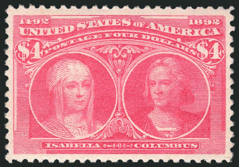 $4.00 Rose Carmine, Columbian (244a).> Original gum, lightly hinged, brilliant Rose Carmine color, beautiful margins and centering, tiny natural inclusion drop out bottom left corner, Extremely Fine, with 1999
P.F. and 2009 P.S.E. certificates (OGph,