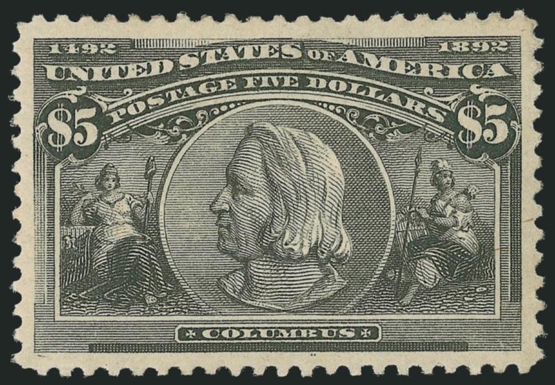 $5.00 Columbian (245).> Slightly mount-glazed original gum described on accompanying certificate as original gum, perfectly centered with enormous margins all around, sharp proof-like impression<><>^EXTREMELY
FINE. A HUGE-MARGINED EXAMPLE OF THE $5
