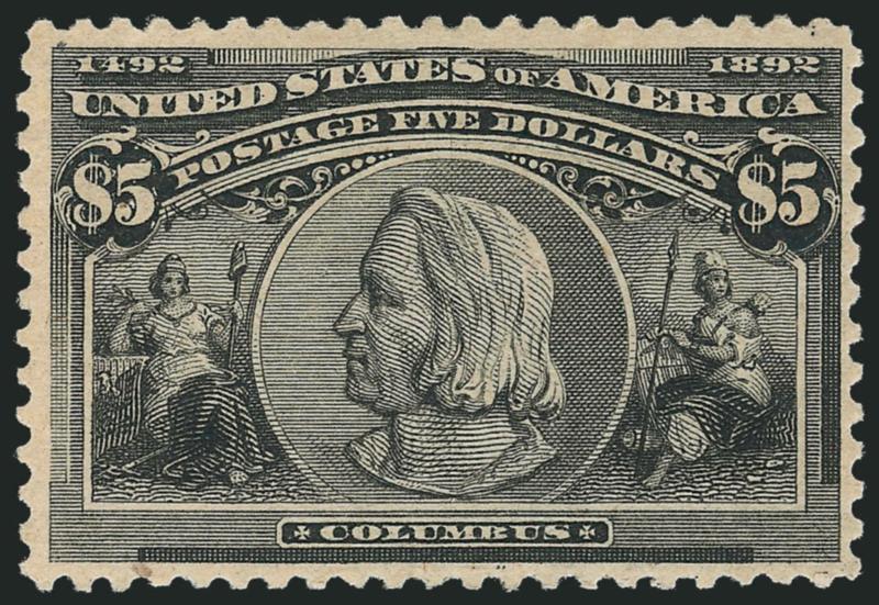 $5.00 Columbian (245).> Original gum, light corner crease and tiny natural inclusion speck, otherwise Very Fine, with 2006 P.S.E. certificate