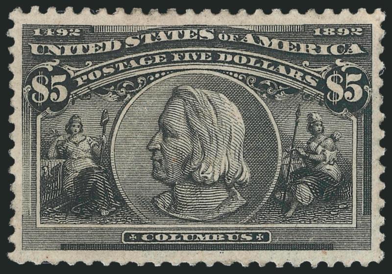 $5.00 Columbian (245).> Unused, regummed over small repair top right corner, wide margins and well-centered, Extremely Fine appearance, with 2009 P.S.E. certificate