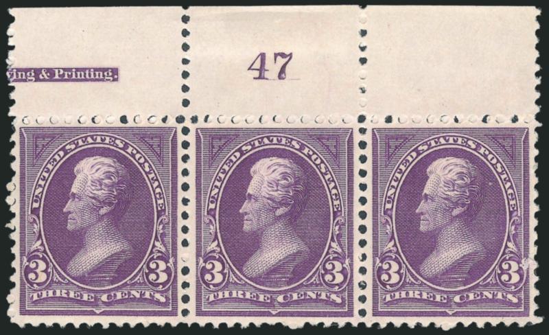 3c Purple (253).> Horizontal strip of three with <part imprint and plate no. 47 at top,> stamps Mint N.H., h.r. in selvage only, pretty shade, Fine-Very Fine, Scott Retail as Mint N.H. singles