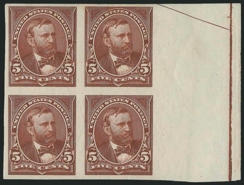 3c-5c 1894 Issue, Imperforate (253a-255a).> Left margin horizontal pair of 3c, blocks of four of 4c and 5c (latter with extra wide sheet margin at right with part arrow), original gum, 4c light natural gum
wrinkles and slightly soiled at upper left,