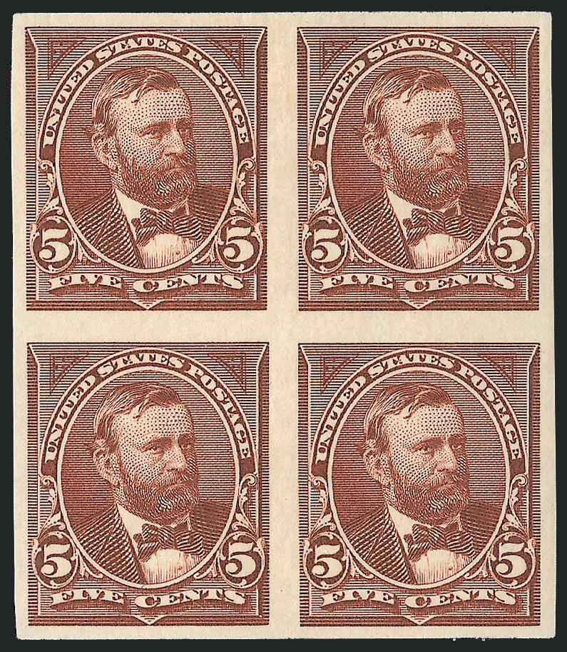 5c Chocolate, Imperforate (255a).> Block of four, original gum, large balanced margins, rich color, fresh and bright, two small thins bottom left stamp, Extremely Fine appearance