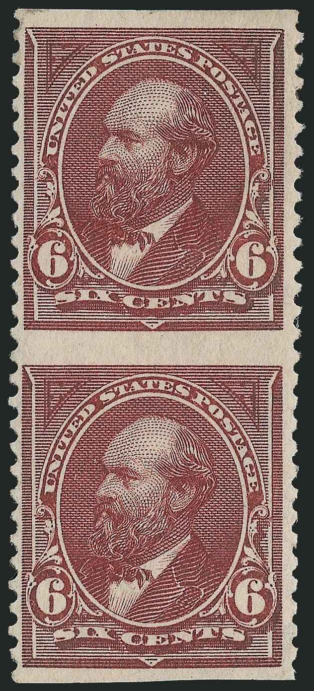 6c Dull Brown, Vertical Pair, Imperforate Horizontally (256a).> Original gum, rich color on bright paper, couple of minor thin spots, unusually well-centered for this as most come with the perforations touching
the design. Very Fine appearance, rare