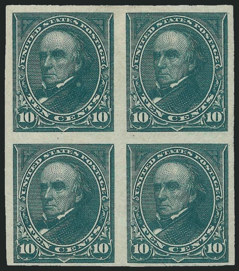 10c Green, Imperforate (258a).> Block of four, top stamps Mint N.H., bottom stamps lightly hinged, large margins to full, rich color, Very Fine, with 2004 P.F. certificate, Scott Retail with no premium for the
Mint N.H. pair