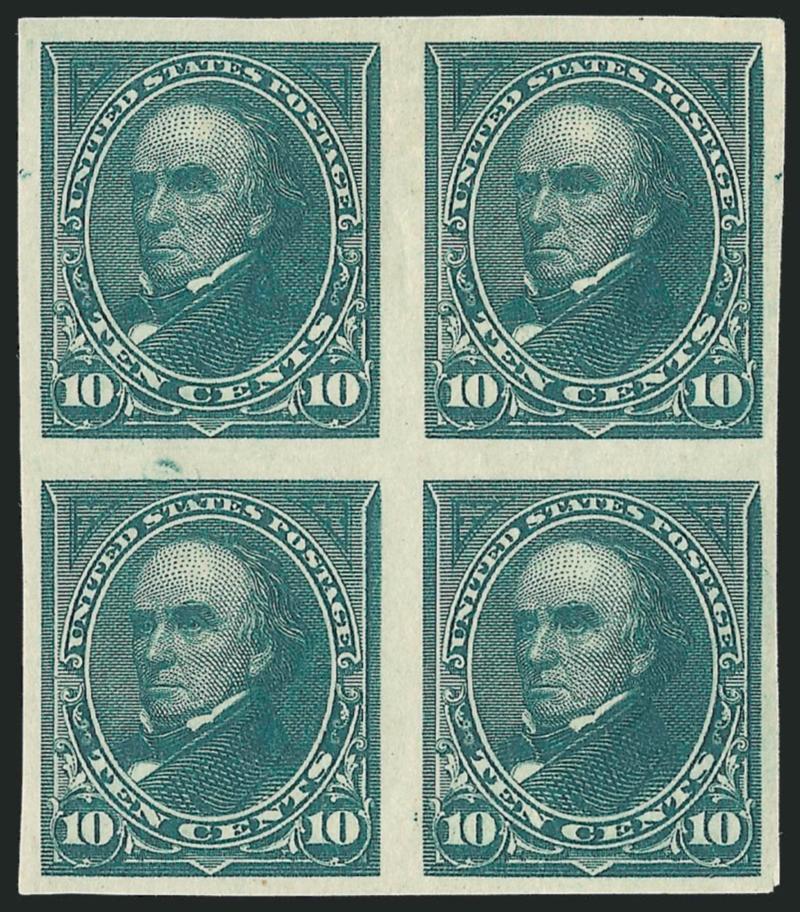 10c Green, Imperforate (258a).> Block of four, original gum, large to huge margins, beautiful color, horizontal and vertical gum wrinkles, Extremely Fine appearance, with 2004 P.S.E. certificate