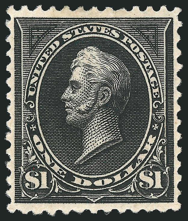 $1.00 Black, Ty. II (261A).> Original gum, lightly hinged, intense shade and impression, well-balanced margins<><>^VERY FINE AND CHOICE ORIGINAL-GUM EXAMPLE OF THE 1894 $1.00 TYPE II UNWATERMARKED
ISSUE.^<><>With 2010 P.S.E. certificate (OGph, VF