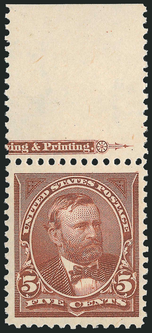 5c Chocolate (270).> Mint N.H. with part imprint at top, handsome wide margins and choice centering, lovely color on crisp white paper, Extremely Fine, with 2006 P.F. certificate (XF 90)