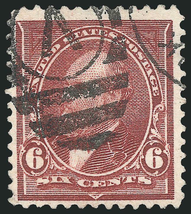 6c Dull Brown, USIR Watermark (271a).> Clear I watermark, better centering than usually seen on this difficult issue, rich color, oval grid cancel<><>^VERY FINE. A RARE USED EXAMPLE OF THE 6-CENT 1895 USIR
WATERMARK ERROR. ONLY 26 ARE KNOWN TO