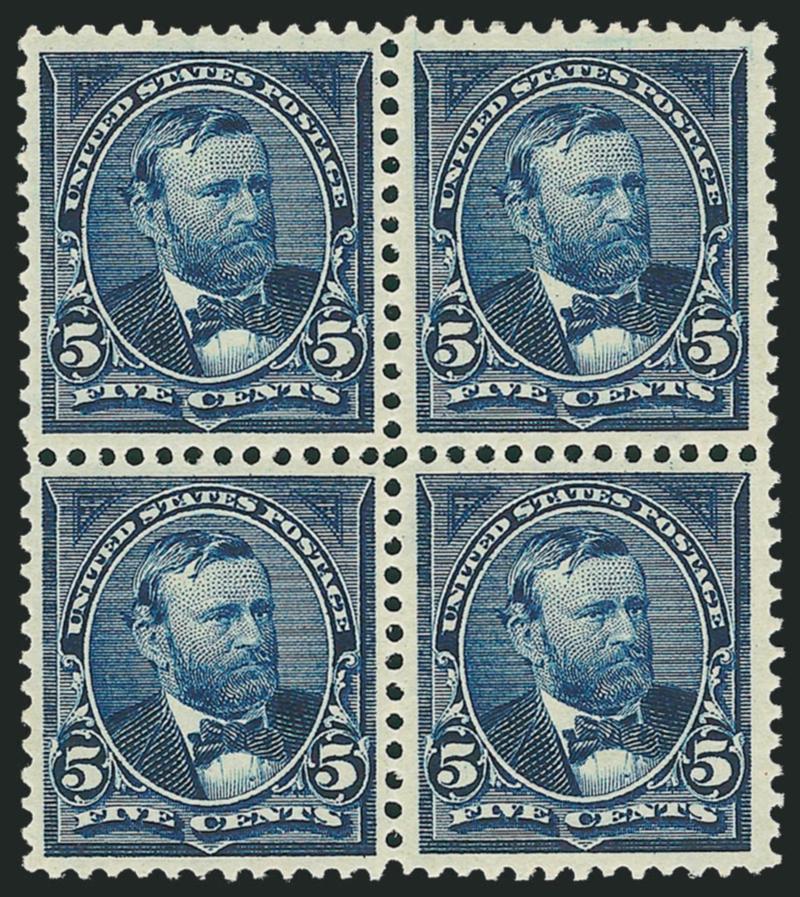 5c Dark Blue (281).> Block of four, bottom left stamp Mint N.H., others lightly hinged, deep shade, bright white paper, Extremely Fine block, with 2004 P.F. certificate, Scott Retail as singles