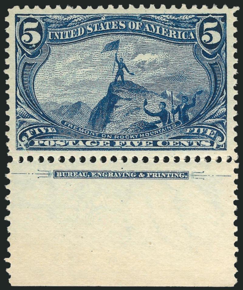 5c Trans-Mississippi (288).> Mint N.H. with <imprint and wide selvage at bottom,> deep rich color and proof-like impression, unusually choice centering with wide margins<><>^EXTREMELY FINE GEM. A SUPERB MINT
NEVER-HINGED EXAMPLE OF THE 5-CENT TRANS