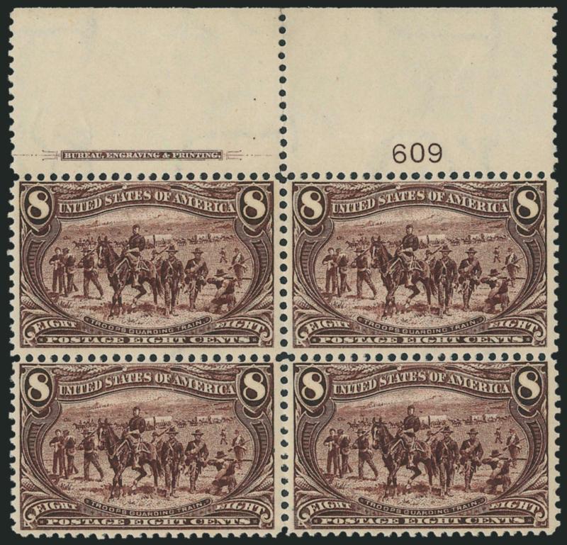 8c Trans-Mississippi (289).> Mint N.H. top imprint and plate no. 609 block of four with wide selvage, intense shade and impression, fresh and Fine-Very Fine, with 2004 P.F. certificate