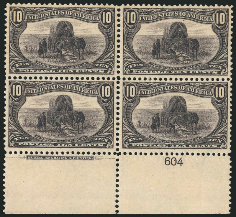 10c Trans-Mississippi (290).> Bottom imprint and plate no. 604 block of four, original gum, lightly hinged, deep rich color and proof-like impression, unusually choice centering throughout<><>^EXTREMELY FINE. A
BEAUTIFUL IMPRINT AND PLATE NUMBER BL