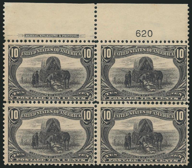 10c Trans-Mississippi (290).> Top imprint and plate no. 620 block of four, lightly hinged, pretty shade, few perf separations sensibly reinforced, Fine appearance