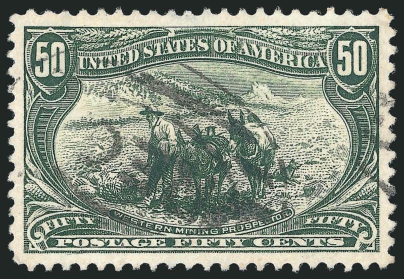 50c Trans-Mississippi (291).> Detailed impression, beautiful centering with Jumbo margins, neat strike of oval registry cancel, Extremely Fine Gem, a phenomenal stamp in every respect, with 2010 P.S.E.
certificate (XF-Superb 95 Jumbo SMQ $1,150.00 a