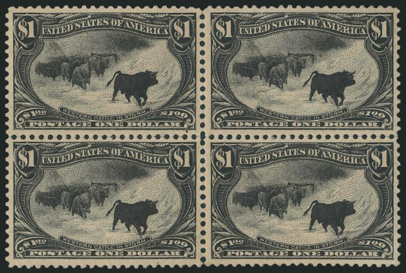 $1.00 Trans-Mississippi (292).> Block of four, original gum, intense shade and detailed impression<><>^VERY FINE ORIGINAL-GUM BLOCK OF FOUR OF THE $1.00 TRANS-MISSISSIPPI ISSUE.^<><>With 1994 P.F.
certificate