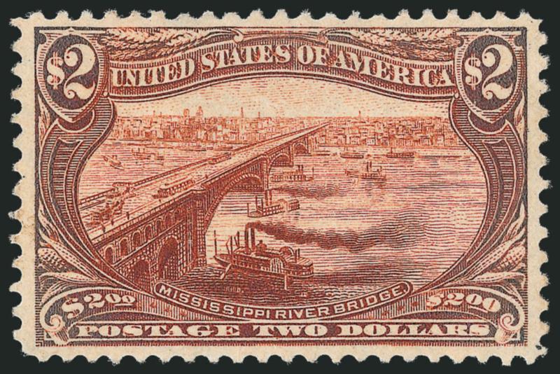 $2.00 Trans-Mississippi (293).> Original gum, unusually wide and well-balanced margins for this tightly-spaced issue, deep rich color<><>^EXTREMELY FINE ORIGINAL-GUM EXAMPLE OF THE $2.00 TRANS-MISSISSIPPI
ISSUE.^<><>With 2004 P.F. and 2006 P.S.E.