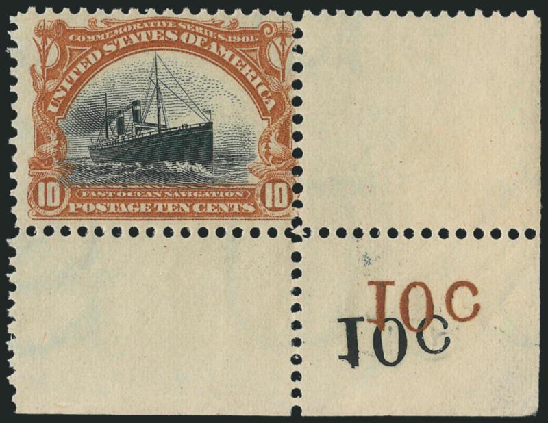 1c-10c Pan-American (294-299).> Mint N.H. set with <corner sheet selvage,> mirror-image denominations printed in both colors in corner, all bottom right except 5c top left, 1c short perf in selvage, 2c natural
short gum, 5c small tear in selvage, oth