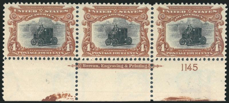 4c Pan-American (296).> Mint N.H. bottom imprint and plate no. 1145 strip of three, bright and fresh, Very Fine