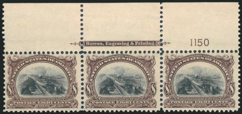 8c Pan-American (298).> Mint N.H. top imprint and plate no. 1150 strip of three, rich color and sharp impression, Very Fine and choice