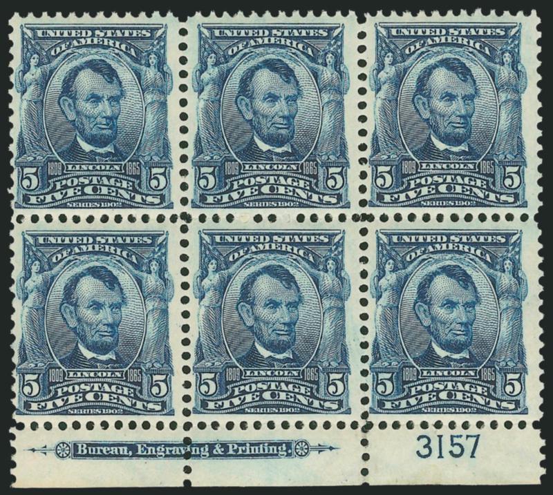 5c Blue (304).> Bottom imprint and plate no. 3157 block of six, original gum, barely hinged, detailed impression, Fine-Very Fine