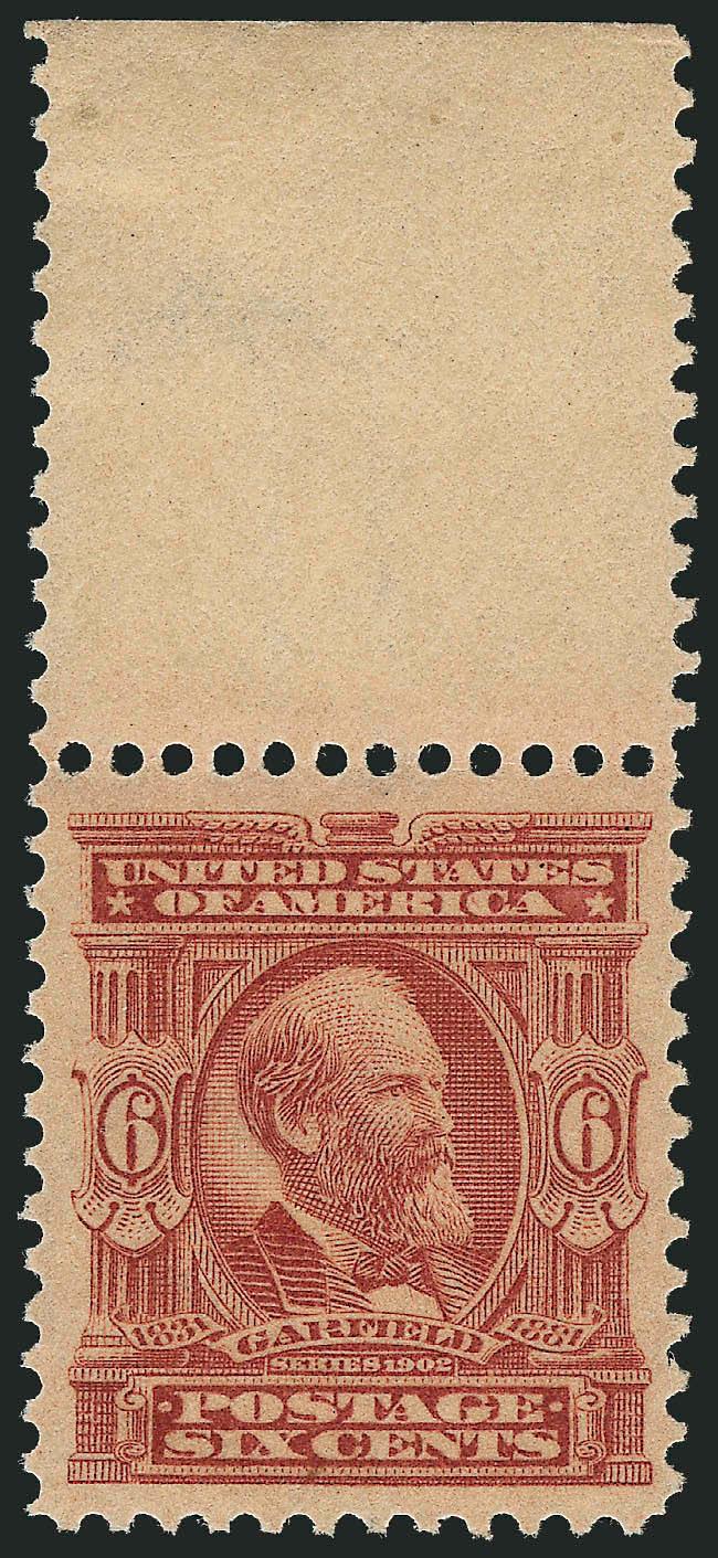 6c Claret (305).> Mint N.H. with wide top selvage, exceptionally well-centered, wide margins, especially top and bottom, beautiful color, Extremely Fine, with 2004 P.S.E. certificate
