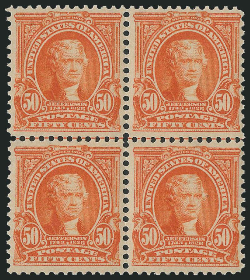 50c Orange (310).> Mint N.H. block of four, vibrant color as fresh as the day it was printed, left vertical pair has wide margins and choice centering<><>^FINE-VERY FINE. A BEAUTIFUL MINT NEVER-HINGED BLOCK OF
FOUR OF THE 50-CENT 1902 ISSUE.^<><>