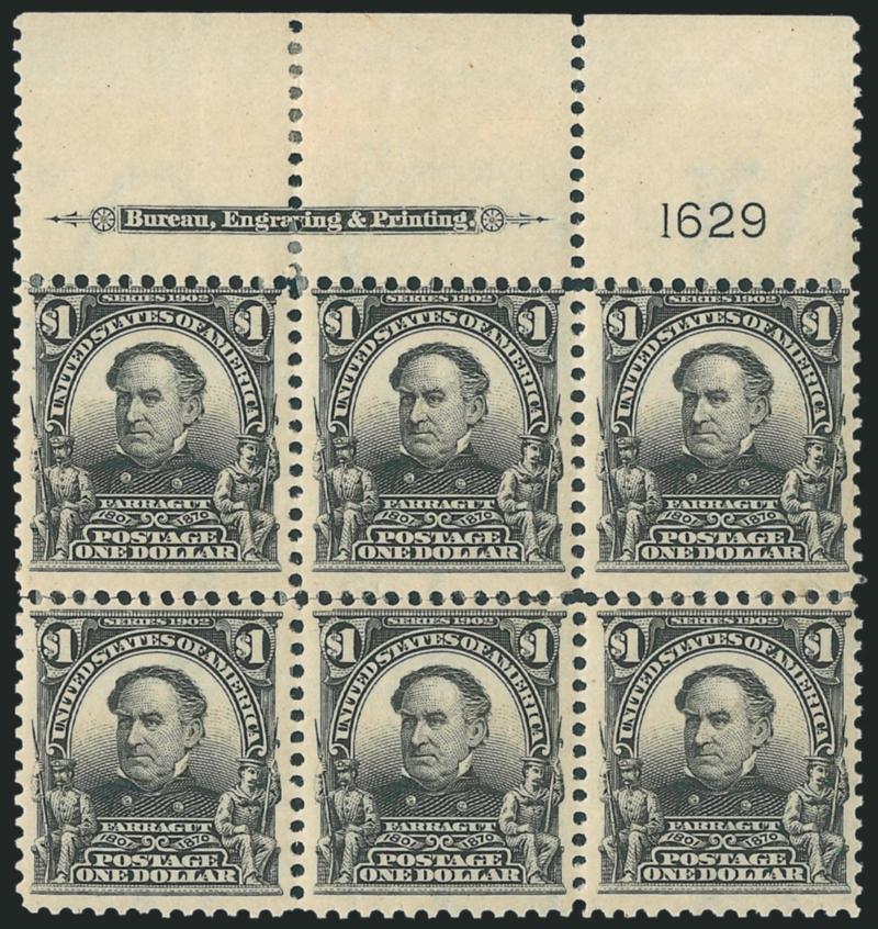 $1.00 Black (311).> Top imprint and plate no. 1629 block of six, completely separated along horizontal perfs (two strips of three and selvage), neatly reconstructed with tiny hinge slivers, appears Fine, Scott
Retail as six hinged singles (the value
